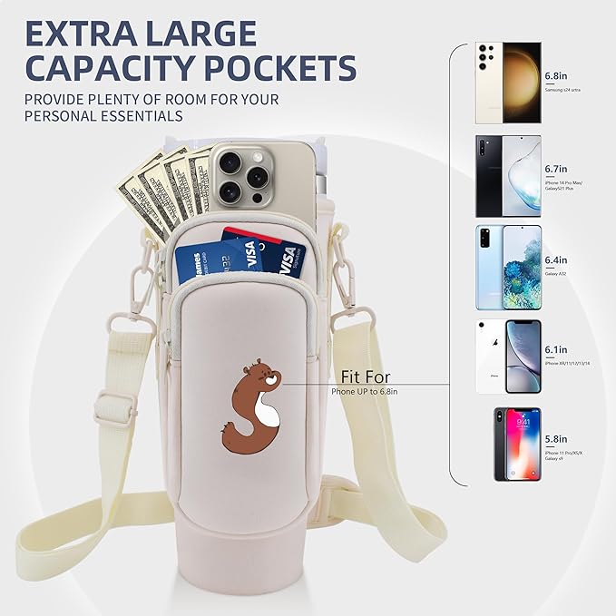 Water Bottle Carrier Bag with Phone Pocket for Stanley 40 oz Tumbler Neoprene Water Bottle Holder Pouch with Adjustable Strap Bollus with Straw Cover & Carabiner for Stanley Cup Accessories