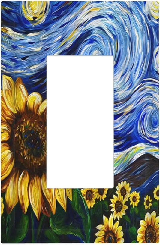 Vintage Abstract Blue Starry Sunflower 1 Gang Rocker Light Switch Covers Single Decora Outlet Wall Plate Decorative Switchplate Faceplate GFCI for Farmhouse Country Bedroom Decor