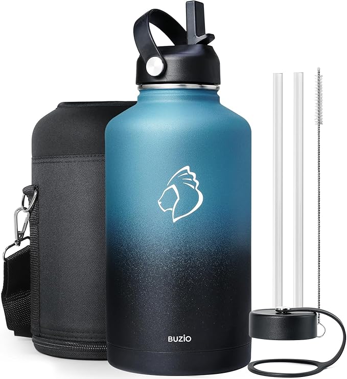 BUZIO Insulated Water Bottle with Straw Lid and Flex Cap, 64oz Double Wall Vacuum Stainless Steel Water Thermo Wide Mouth Lid, Cold for 48 Hrs Or Hot for 24 Hrs Sweat Proof Flask, Indigo Crush