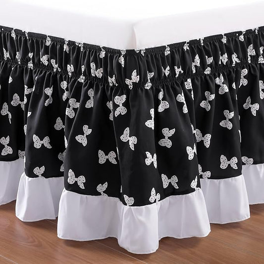 RIMELA Black Elastic Bed Skirt Queen Szie 16 inch Drop, Bedskirt Easy to Put On, Solid Wrap Around Dust Ruffle, Fade Resistant Silky Fabric Machine Washable