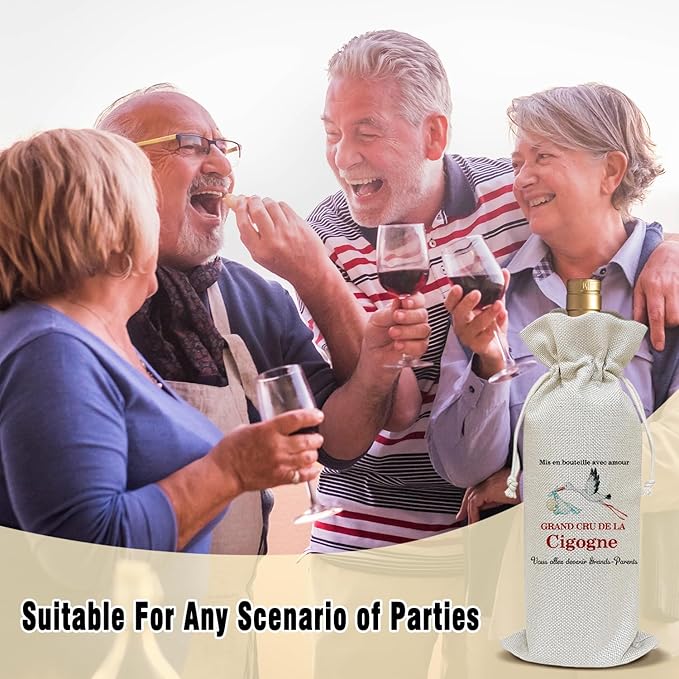 Wine Canvas Bag, Grandparent Announcement Gifts Wine Gift Bag, New Grandma Gift First Time Wine Bags for Wine Bottles, Wine Champagne Gifts With Drawstring Baby Announcement Party Decoration -WB03