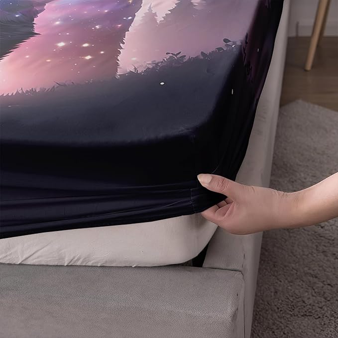 AILONEN Bear Fitted Sheet Set Twin Size, Evening Starry Sky Forest Bear Bed Sheet Set Decor,Animal Bear Wildlife Fitted Sheet and 2 Pillowcases,3 Pieces