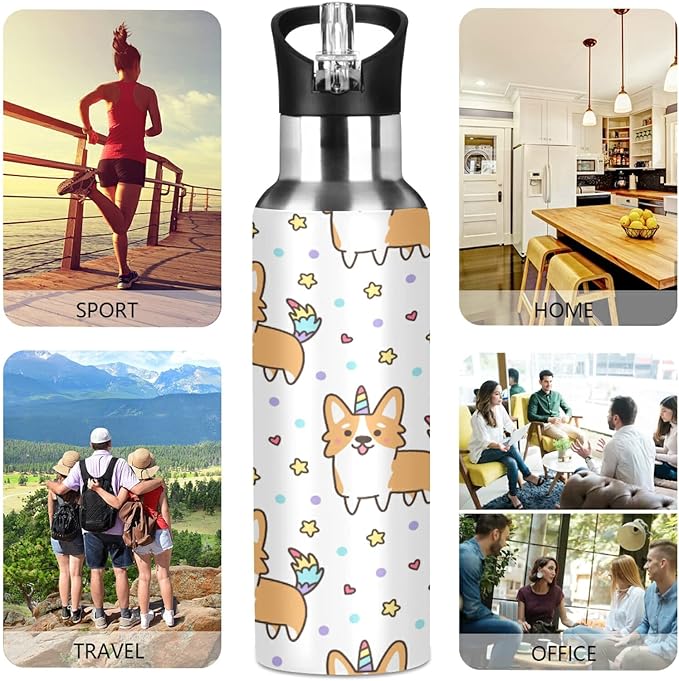 Blueangle 20oz Elsh Corgi Water Bottle, BPA Free Stainless Steel Water Bottle Leak-Proof Sports Bottle for Camping Workouts Gym and Outdoor Activity