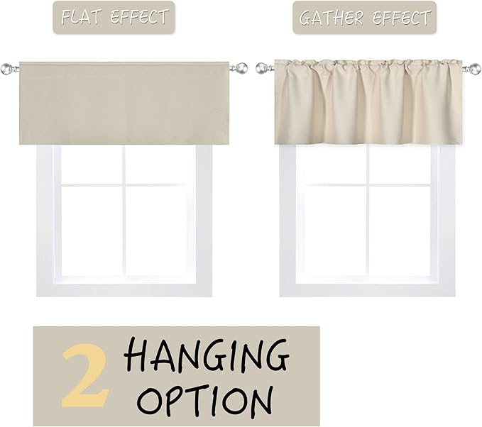 Beige Valance for Windows 60x18 Inch Solid Thermal Insulated Blackout Rod Pocket Kitchen Short Curtain Toppers Valance for Bathroom Living Room 1 Panel
