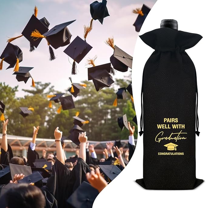 HOIJAUMAI Graduation Gifts for Women Men Graduation Wine Bag Pairs Well with Graduating Wine Gift Bags (Black)