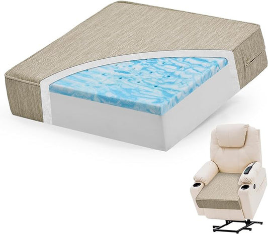baibu 18"x 18"x 4" Dual-Layer Gel Memory Foam Chair Seat Cushion for Recliners, Couches, Armchairs, Extra Large Non-Slip Chair Cushions for Seniors, Washable, Beige