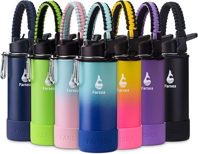 Farsea Insulated Water Bottle With Paracord Handle, Protective Boot and 2 Lids (Straw Lid & Spout Lid), Stainless Steel Water Bottle Wide Mouth, Double Wall Sweat-Proof BPA-Free, 18 oz