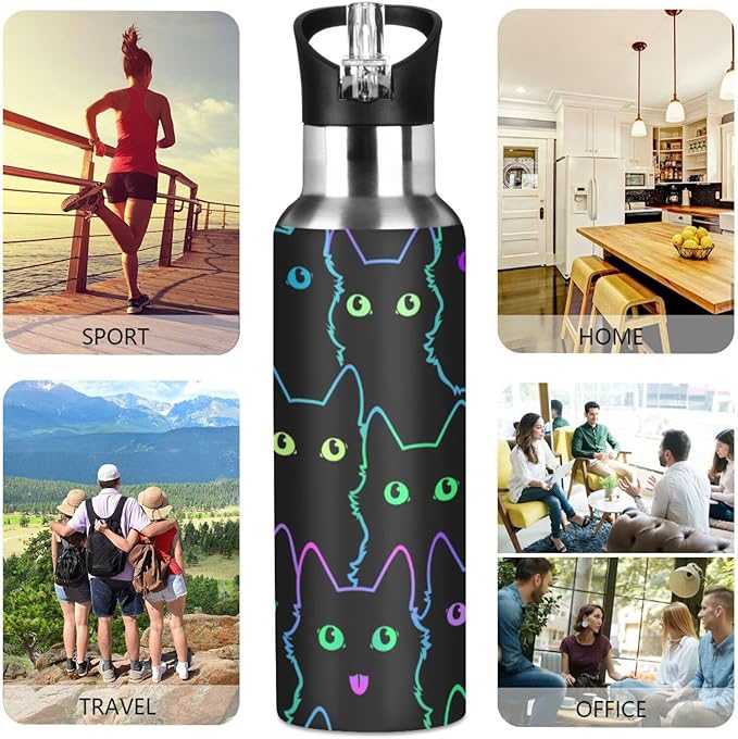 senya 34 Oz Water Bottle with Straw Colorful Neon Cat Stainless Steel Water Bottle for Traveling Sports Leakproof Insulated Water Bottle