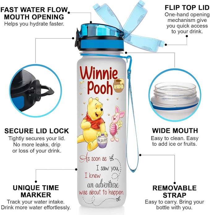 Pooh 32 Oz Water Track Bottle, As Soon As Saw You Water Bottle With Time Marker, Pooh Bear Motivational Insulated Water Bottle, Gifts For Family Friend