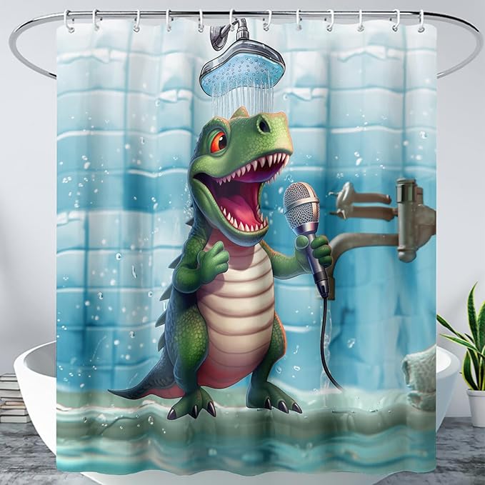 AILONEN Cartoon Dinosaur Shower Curtain for Kids Boys,Funny Singing Dinosaur Waterproof Fabric Shower Curtain for Bathroom,Lovely Green Dinosaur Shower Curtain Set with Hooks,72" W*72" H