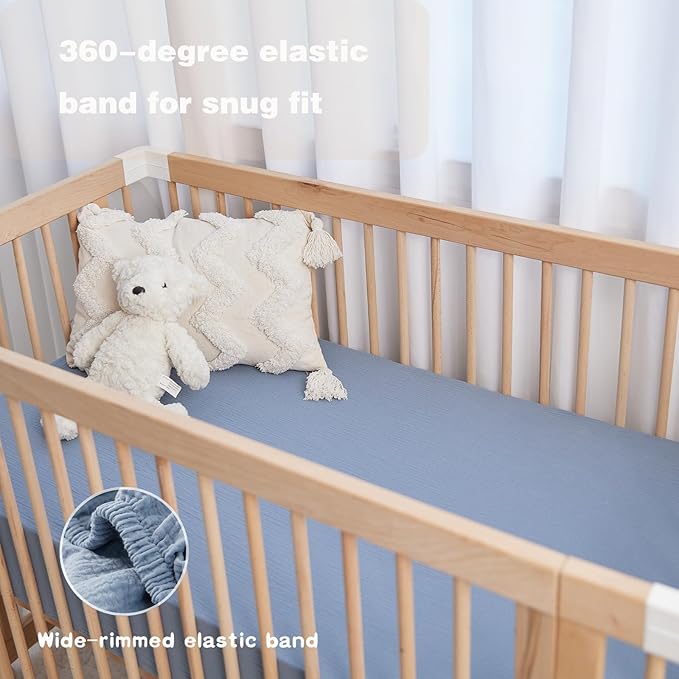 Muslin Crib Sheets for Boys Girls Rutiwa Organic Cotton Crib Sheets Neutral 2 Pack Breathable Baby Mattress Sheets Fit Standard Crib & Toddler Bed Mattress 28"x52"(Denim Blue/New Camel)