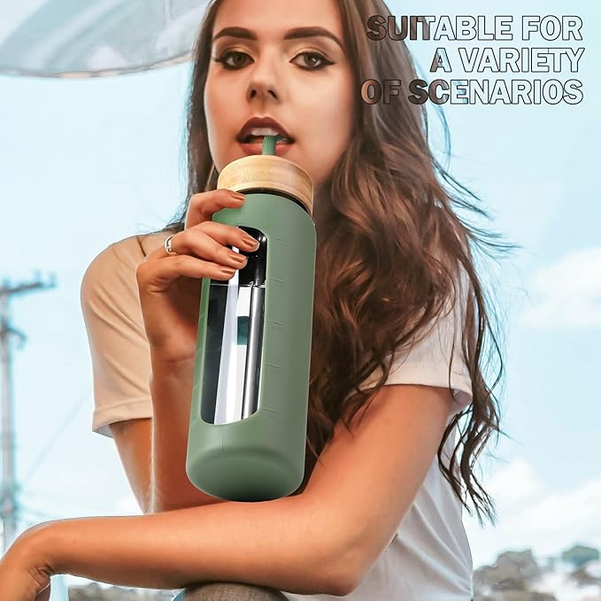 Glass Water Bottles with Straw -24oz- Water Bottle Phone Holder for Gym Sports Water Bottles with Silicone Sleeve Glass Drinking Bottles 2 Lids - Spout & Bamboo Straw Lid(Olive)