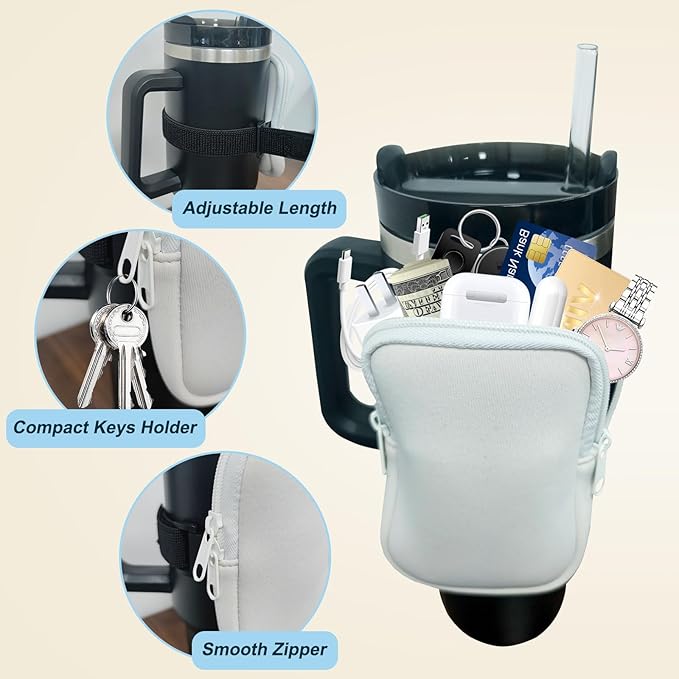 Water Bottle Pouch for Stanley Quencher Adventure 40oz & Stanley IceFlow 20oz 30oz,Tumbler Pouch with Pocket, for Keys, Wallet, Cards, Earphone,Compact, Versatile (White)