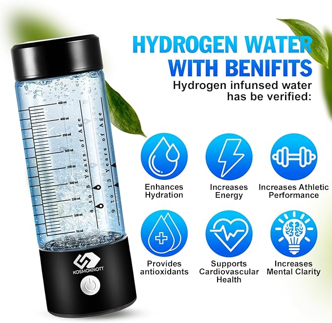 Marked Hydrogen water bottle generator Hydrogenius by Kosmoknott | 3500 ppb Hydrogen Water Machine with Clear Markings | Improves Sleep & Skin, Fast Charging, Leak-Proof Design