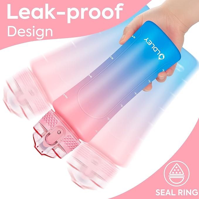 OLDLEY Kids Water Bottle for School with Straw Chug Lid, 15 oz Unbreakable Leak-Proof BPA-Free Motivational Water Bottles with Time Marker for Travel Sports Gym, 2 Lids, Candy Pink/Blueberry