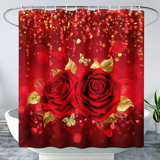 AILONEN Red Rose Shower Curtain for Bathroom,Romantic Rose Flower Waterproof Bath Curtain,Girls Women Curtain Bathroom Decor 48" W x 72" H with 12 Plastic Hooks