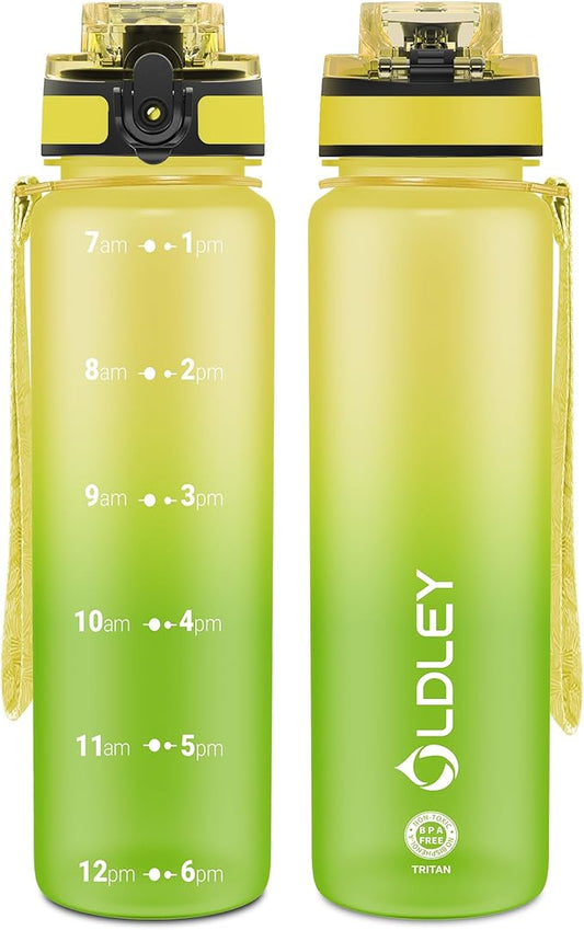 OLDLEY 32 oz Water Bottle, Motivational Water Bottle with Time Marker, Sports Water Bottle With Strap, Leakproof & BPA Free Large Water Bottles for School, Gym, Travel, Outdoor, Tritan,Yellow&Green