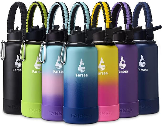Farsea Insulated Water Bottle With Paracord Handle, Protective Boot and 2 Lids (Straw Lid & Spout Lid), Stainless Steel Water Bottle Wide Mouth, Double Wall Sweat-Proof BPA-Free, 32 oz