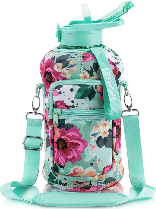 Fimibuke Half Gallon Water Bottle with Sleeve 64 OZ Water Bottle with Handle & Straw Leakproof Motivational Sports Gym Water Bottle with Time Marker BPA Free Water Jug with Reusable Neoprene Holder