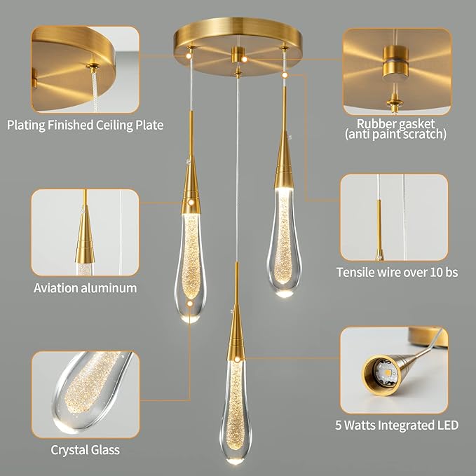 LMQNINE Kitchen Light Fixtures Ceiling Dimmable LED Modern Gold Pendant Light Mini Teardrop Crystal Pendant Light for Kitchen Island Bedroom Hallway Entryway (3-Light)