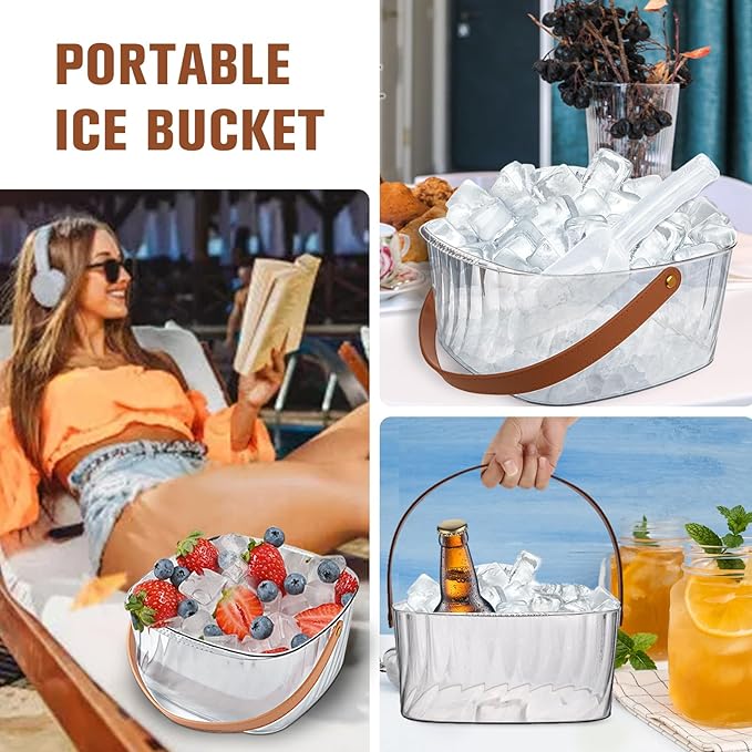 Ice Bucket for Parties, Ice Bucket Bar Beer 6L, Clear Plastic Champagne Bucket with Leather Carrying Handle, Square Ice Bucket with Scoop for Cocktail Bar, Parties, Drinks, Wine, Beer Bottles