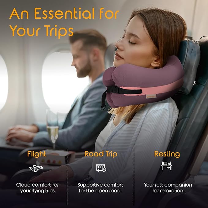 Travel Neck Pillow Premium Memory Foam, Head Chin Support, Adjustable Length for Comfort. Airplane Travel Kit with Contoured Eye Mask, 3-Layer Earplug and Travel Bag (Mulberry Purple)