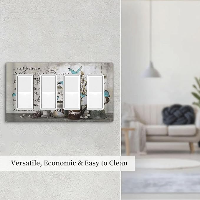 Blue Butterfly Rustic Flower Inspirational Quotes 4 Gang Rocker Decora Light Switch Cover Outlet Covers Wall Plate Decorative Switchplate Electrical Faceplate GFCI for Farmhouse Bedroom Decor