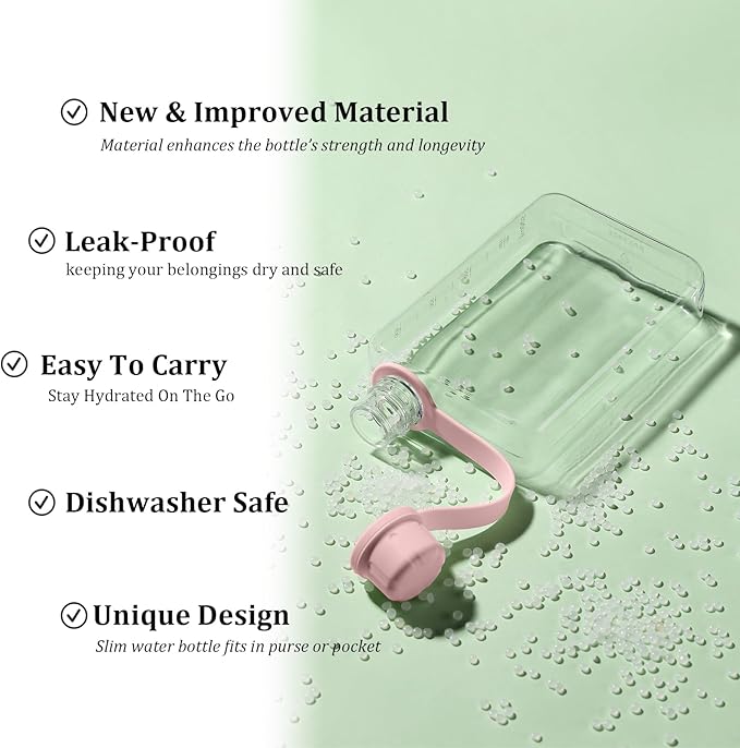 Tritan Transparent Flat Water Bottle samll Water Bottle Slim Square Pocket Bottle Water Flask, BPA Free/Slim Design/Leak Proof Water Bottle for Travel, Outdoor, Sports, Camping (Pink, 400ML)