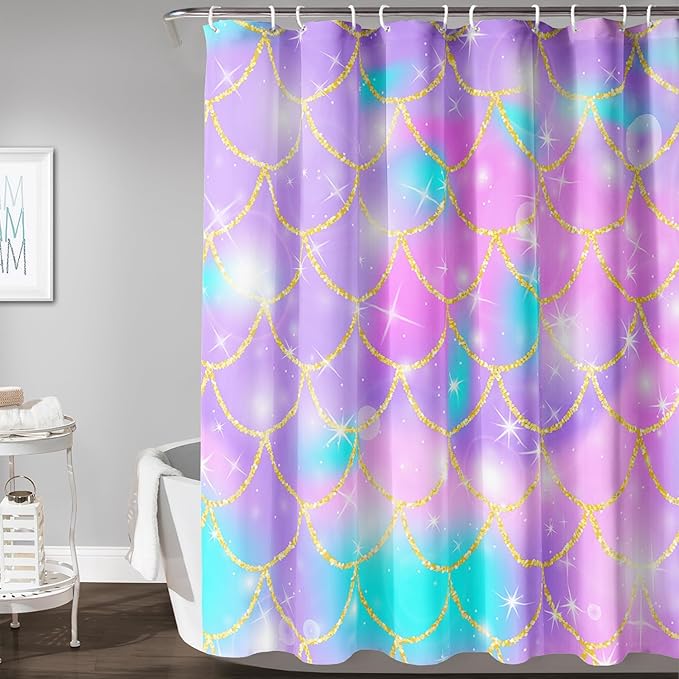 AILONEN Mermaid Scale Shower Curtain,Purple Mermaid Scale Bath Curtain for Girls Bathroom,Polyester Waterproof for Shower with 12 Plastic Hooks 36" W*72" H