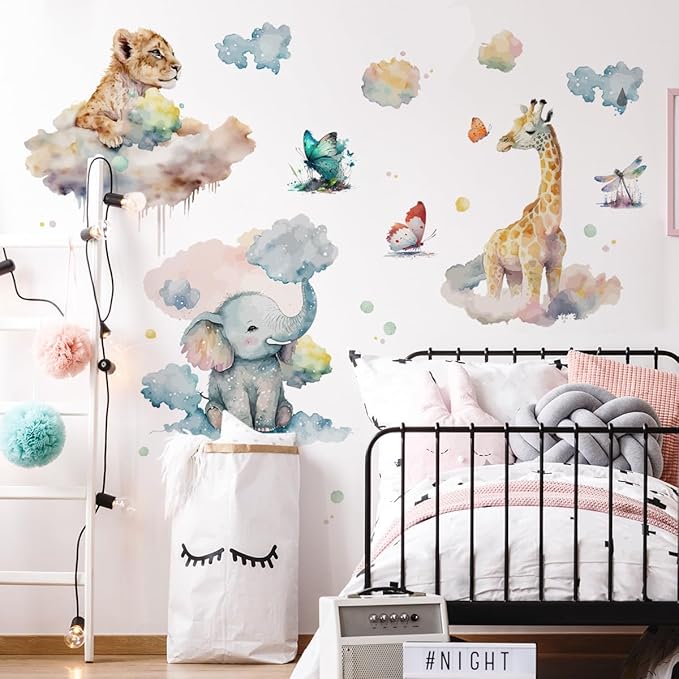 Watercolor Animals Wall Decals Elephant Lion Giraffe Wall Stickers Colorful Butterfly Clouds for Baby Boy Girl Room Decor Decals Peel and Stick Airplanes Kids Wall Stickers Nursery Decor
