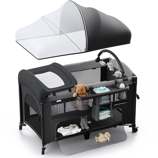 4 in 1 Baby Bassinet, Pack and Play, Bedside Crib Sleeper, Diaper Changer - Comes with Mattress, Mosquito Net，Bottom Storage and Toy Bar for Newborn to Toddles