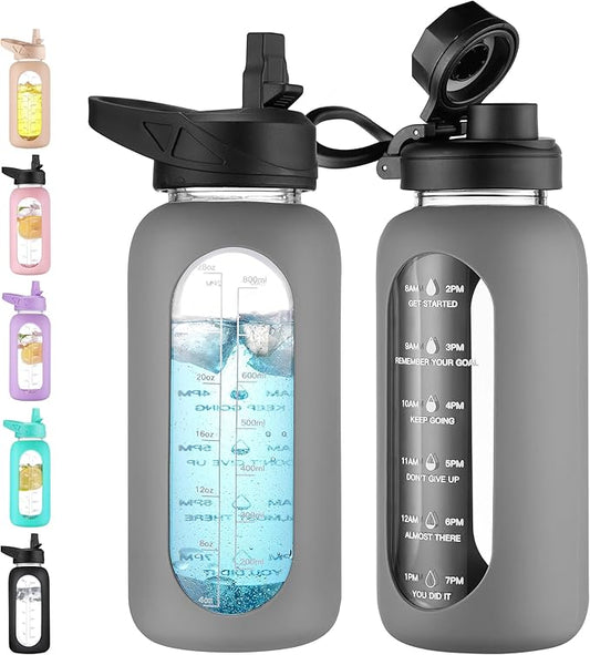 CIVAGO 32 oz Glass Water Bottle with Straw and Handle, Large Sports Motivational Water Bottle Flask with Time Marker and 2 Lids, Leakproof Water Jug Canteen with Silicone Sleeve for Gym,Gray