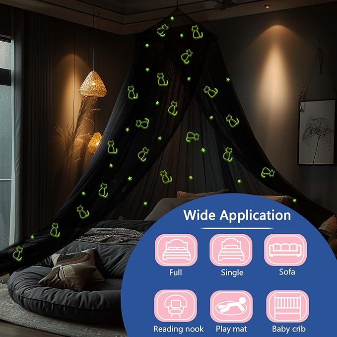 Daksha Black Princess Bed Canopy for Girls with Glowing Stars and Cats, Ceiling Tent for Kids Room Decor, Fits Twin, Full and Queen Size Beds