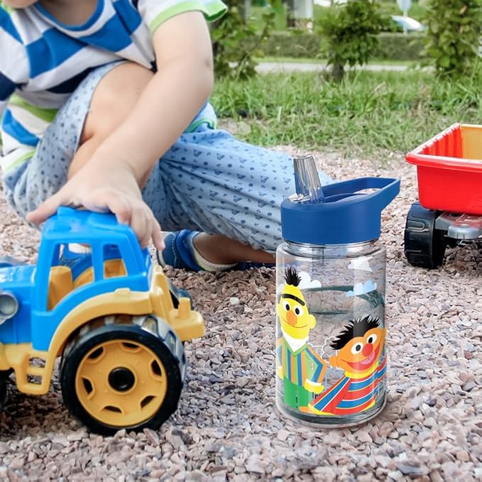 LOGOVISION Sesame Street Kids Tritan Plastic Water Bottle with Straw Lid and Handle, Reusable Tumbler for Toddlers, Unisex for Girls and Boys, 12oz, Big Burt and Ernie