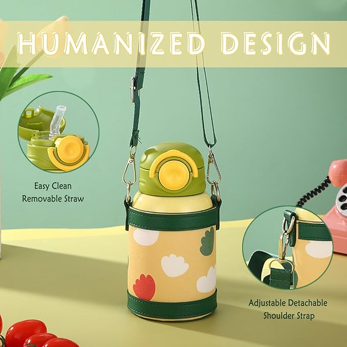 Cute Water Bottle for Girls, Kawaii Kids Water Bottles with Straw Drinking Bottle, Portable Leakproof 15 oz Water Jug for School Camping (YELLOW)