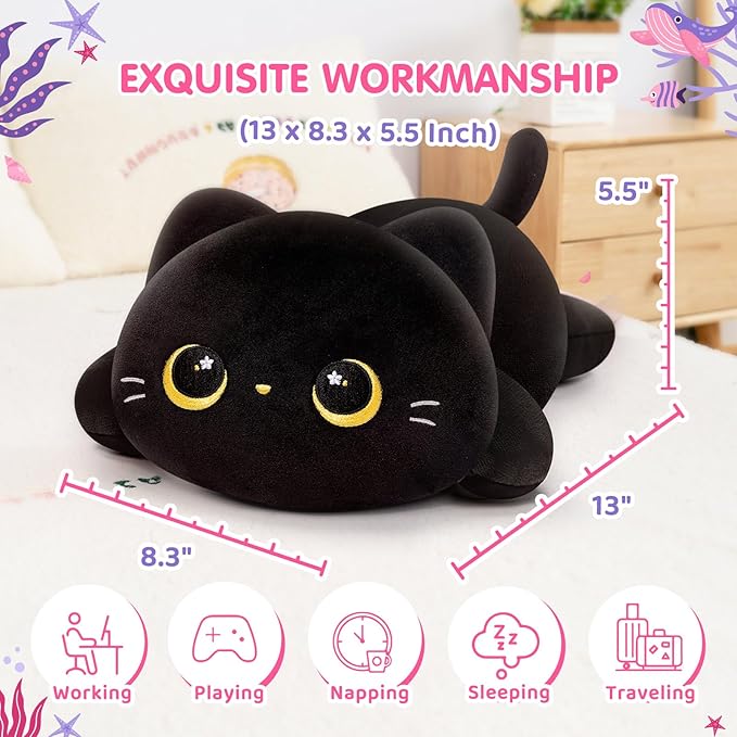 Cute Cat Plush Pillow, Kawaii Plushies Black Cat Stuffed Animals, Squishy Plushies, Cuddle Plush Pillow for Boys & Girls