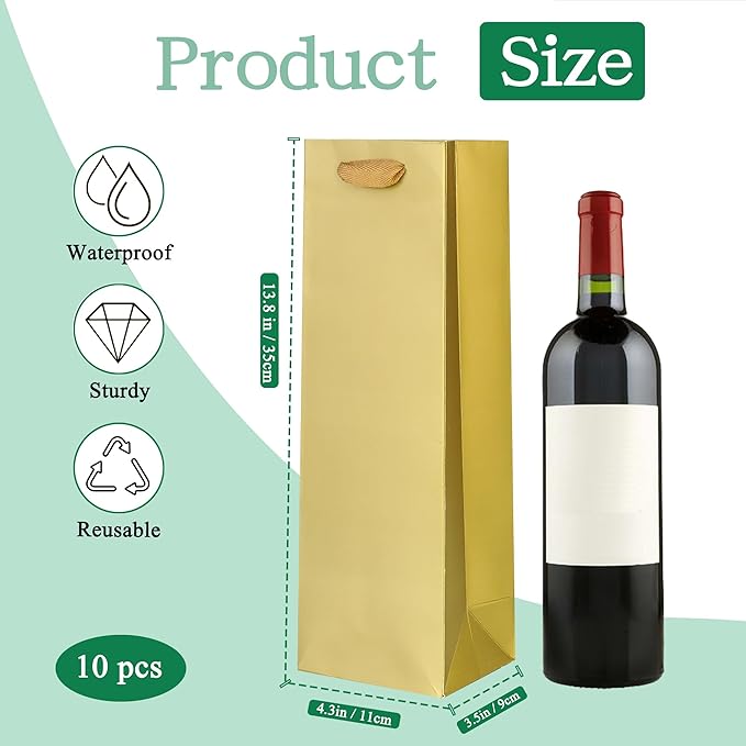 KEYYOOMY Wine Gift Bags - 10 Pack Gold Kraft Paper Wine Bottle Gift Bags with Handles for Wedding Birthday Housewarming Christmas Party Supplies(10CT, 13.8x4.3x3.5 IN, Gold)