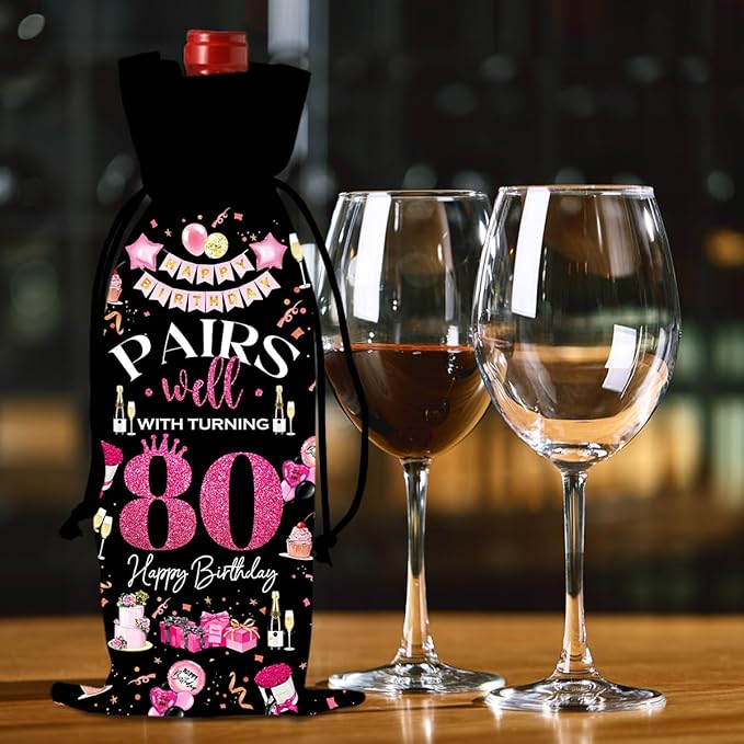 80th Birthday Gifts for Women Men Wine Bag, Birthday Gifts for 80 Year Olds Woman, 80th Birthday Party Decorations for Women Men, Pairs Well with Turning 80 Wine Bags (Black Pink)