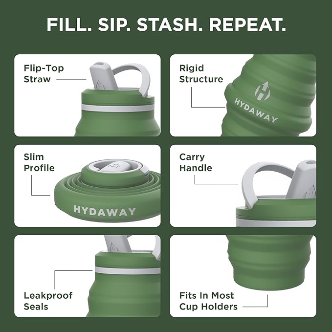 HYDAWAY Collapsible Water Bottle - 25oz I Reusable Water Bottle with Flip Top Lid for Travel, Hiking, Backpacking I Portable & Leakproof, Food-Grade Silicone, BPA Free, Collapses to 1.5”