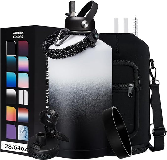 Insulated Water-Jug Gallon Water Bottles - with Straw & Spout Lids, Paracord Handle & Bottle Carrier, 128OZ Metal Gallon Water Bottle Large, Vacuum Thermo Jug Stainless Steel Water Flask Jug Outdoor