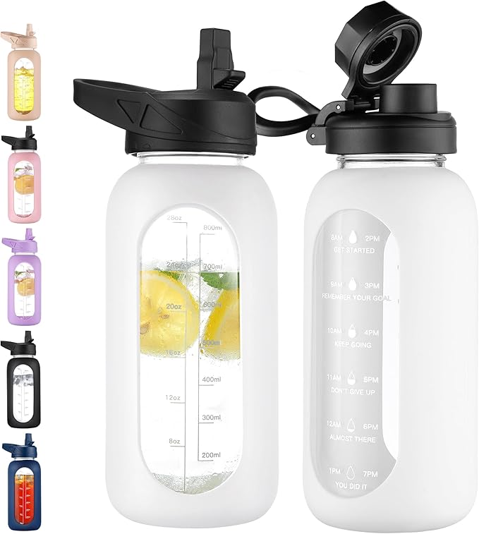 CIVAGO 32 oz Glass Water Bottle with Straw and Handle, Large Sports Motivational Water Bottle Flask with Time Marker and 2 Lids, Leakproof Water Jug Canteen with Silicone Sleeve for Gym,White