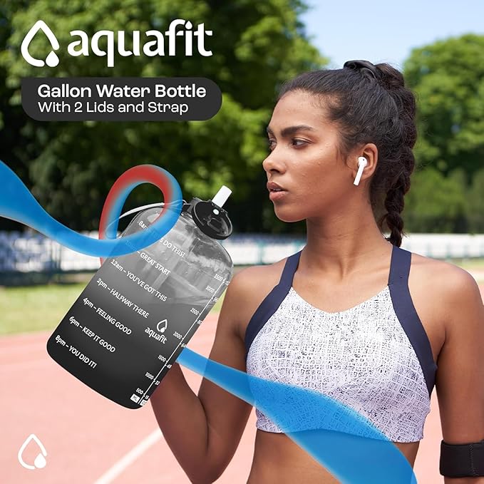 AQUAFIT 1 Gallon Water Bottle with Time Marker - BPA Free 128 oz Water Bottle with Straw, Gym Water Bottle with Handle, 1 Gallon Water Jug, Big Water Bottle, Large Water Bottle (Nude)