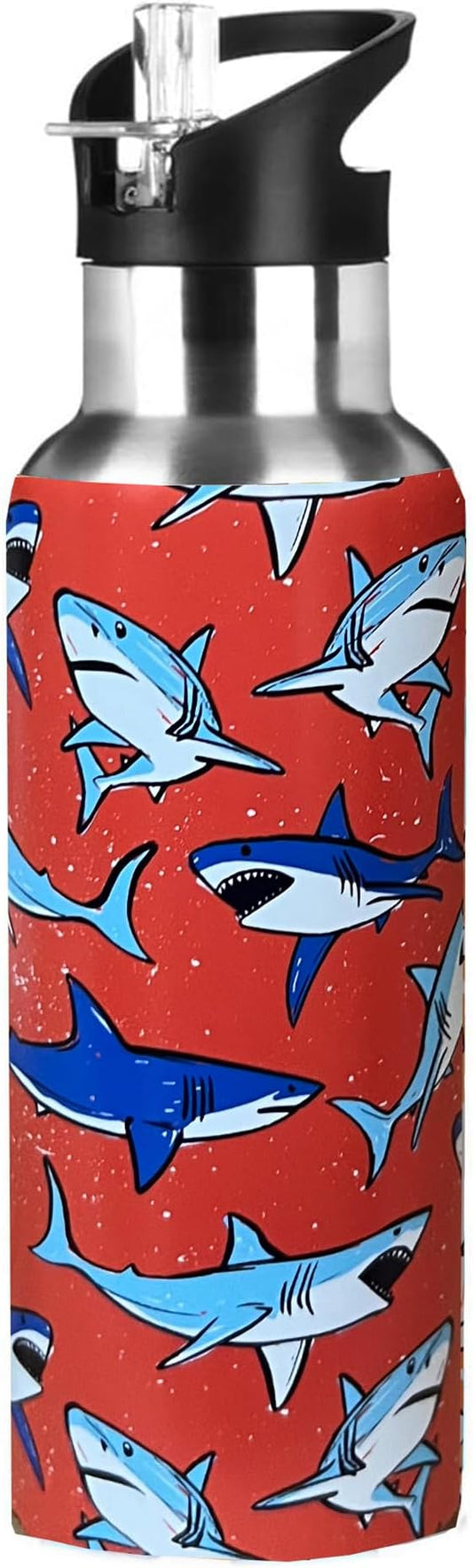 Cute Shark Sport Water Bottle with Straw, Vacuum Insulated Stainless Steel Thermal Drinking Travel Mug Cups For Gym Fitness Camping-17oz/500ml