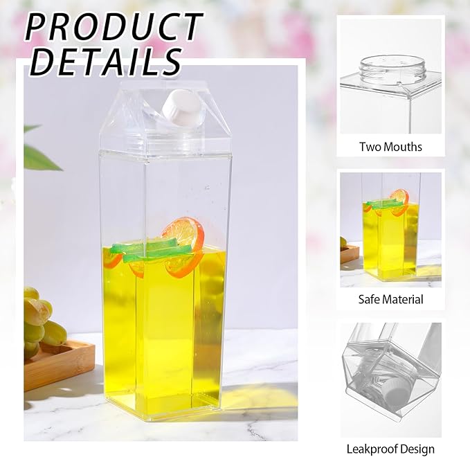 4 Pack Milk Carton Water Bottles 34oz/1000ml Leak Proof Plastic Water Bottle Reusable BPA Free Sports Water Bottle Carton Shaped Juice Milk Bottle for Gym Camping Hiking Travel Sports, Dishwasher Safe