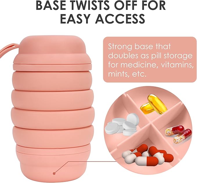 Collapsible Water Bottle 16 oz, Reusable Water Bottle, Travel Water Bottle, Pill Storage, On the Go, Outdoors, Lunch Bottle, BPA Free, Pill Storage. (Salmon)