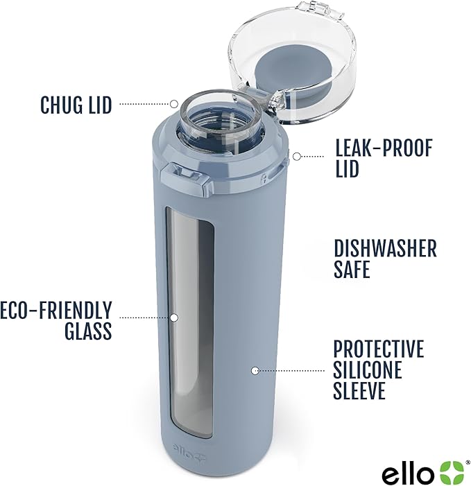 Ello Syndicate Glass Water Bottle with One-Touch Flip Lid and Protective Silicone Sleeve and Carry Loop, BPA Free, Dishwasher Safe,20oz