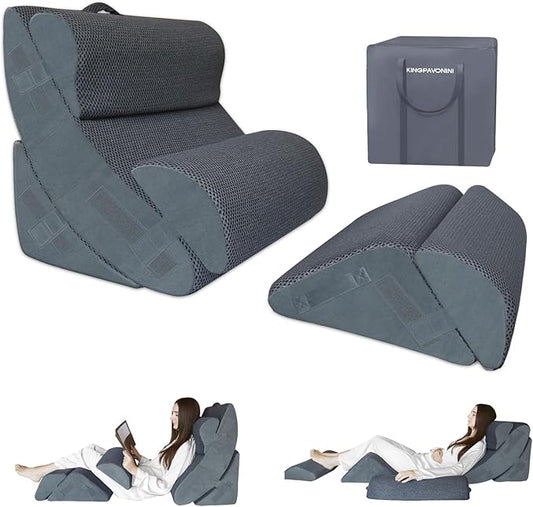 6PCS XL Orthopedic Bed Wedge Pillow for Sleeping, Gel Memory Foam Post Surgery Pillow Set for Back, Neck, Leg Support, Acid Reflux, Gerd, Anti Snoring, with Washable Cover & Travel Bag (Gray, 24'' W)