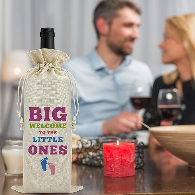 Baby Announcement Gift Welcome Baby Wine Bag for Friends Sister New Baby Birth Gift Baby Girl Baby Boy Gift Drawstring Wine Wrapping Bag Baby Shower Party Decors Reusable Burlap Wine Gift Bag