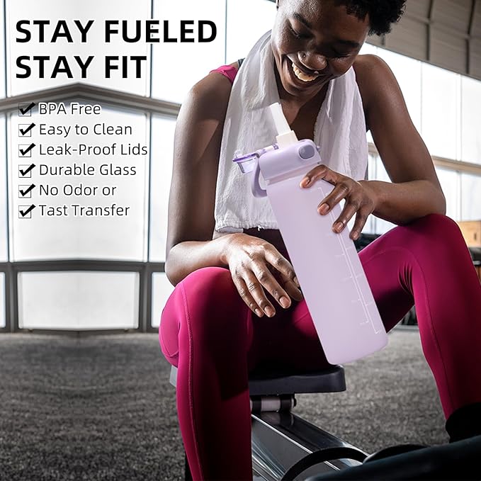 SIEROZUR 32 oz Glass Water Bottle with Straw and Handle Large Sports Motivational Water Bottle with Locking Lid and Time Marker Leakproof Water Jug for Daily Hydration Intake BPA Free