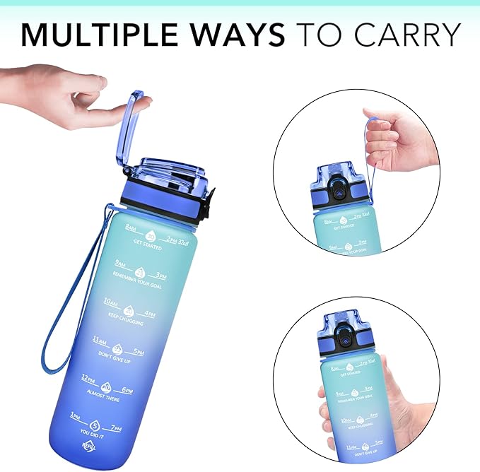 GOSWAG 32oz Motivational Water Bottles with Time Marker and Fruit Strainer, Sports Water Bottle with Times to Drink, Leakproof, Reusable Plastic Bottle with Strap no Straw for Gym, School